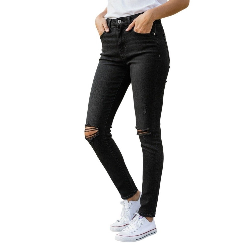 7 For All Mankind The Ankle Skinny Black Distressed Jeans 27x27 Rocker Edgy $218